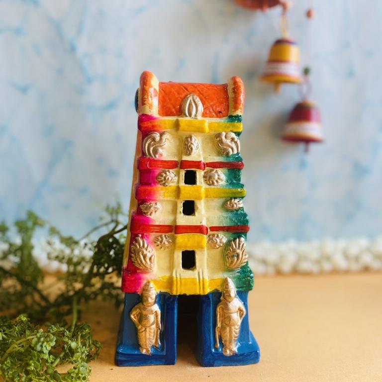 Handcrafted medium-sized traditional Gopuram idol in vibrant colors with intricate detailing for Navaratri Golu.
