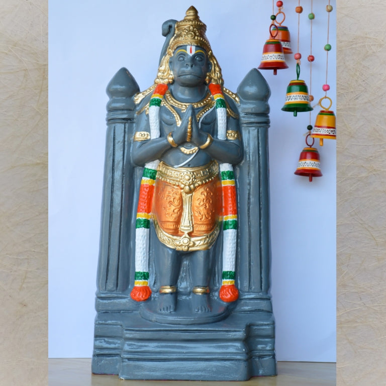 Namakkal Anjaneyar Hanuman Golu doll with a prayerful stance, garland, and intricate detailing in traditional colors, ideal for Navarathri celebrations.