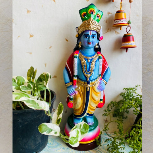Handcrafted Krishna Vitobha Navaratri Golu Doll with intricate detailing, vibrant colors, and peacock feather crown, ideal for festive and spiritual decor.