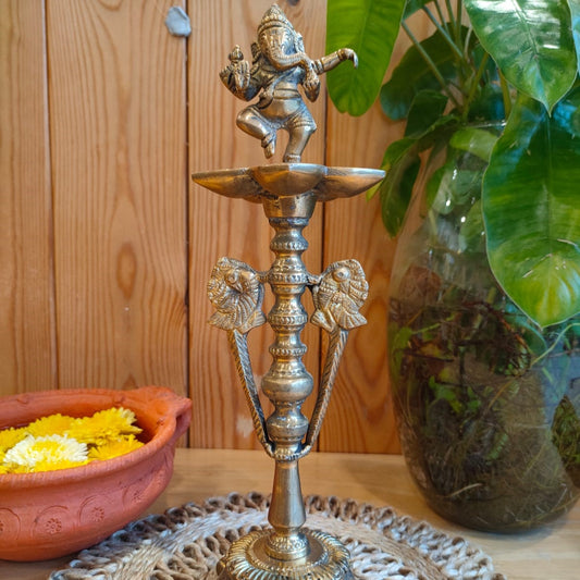 Dancing Ganesha Brass Oil Lamp – Traditional Deepam With Ornate Pillar Stand