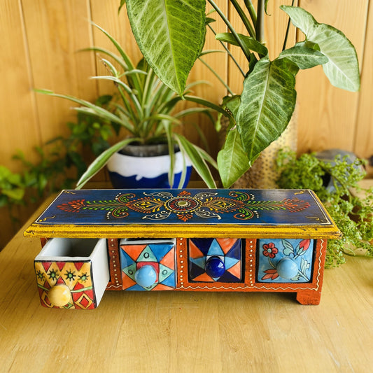 Handcrafted Wooden Stand With 4 Ceramic Drawers – Decorative Organizer Chest