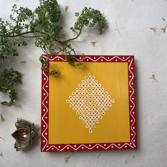 Aikiya Traditional Kolam Art Board - 15 Dot Yellow With Red Border