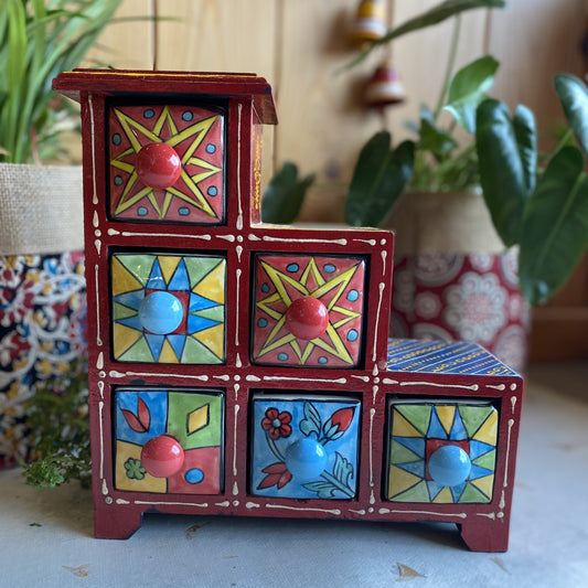 Hand-Painted Wooden Chest With 6 Ceramic Drawers – Colorful Spice & Trinket Organizer