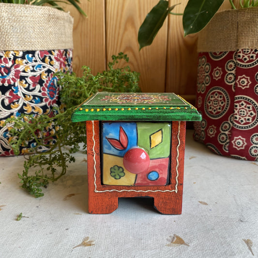 Hand-Painted Wooden Chest With 1 Ceramic Drawer – Miniature Storage Box
