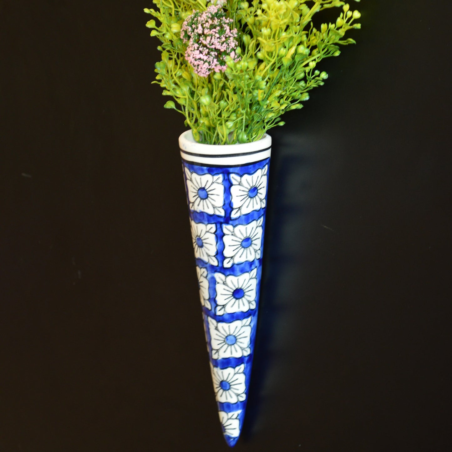 Hand-Painted Blue Cone Hanging Planter – Small