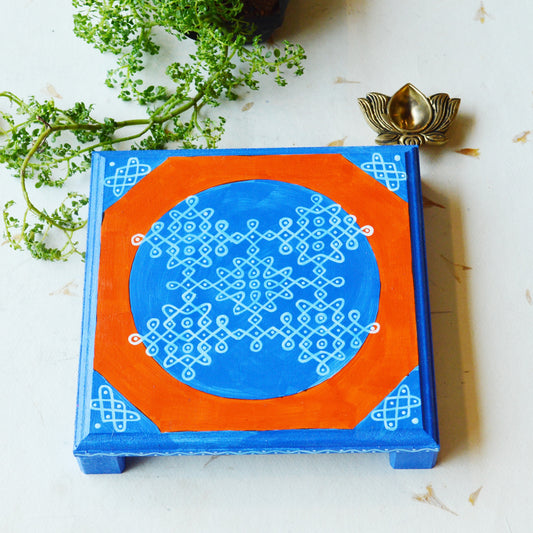Kolam Manai (Rangoli Pedestal) - Blue & Orange Edition