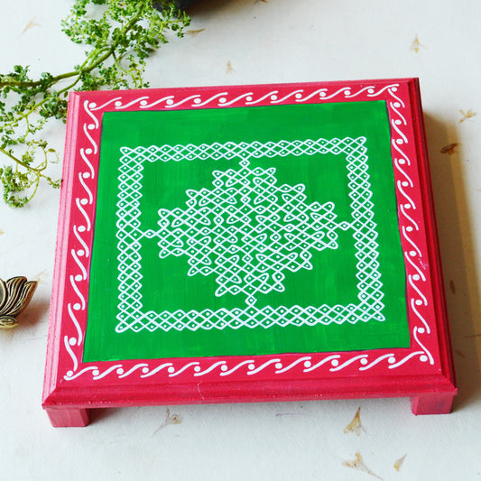 Hand-Painted Kolam Manai – Pink & Green Wooden Chowki With Traditional Design