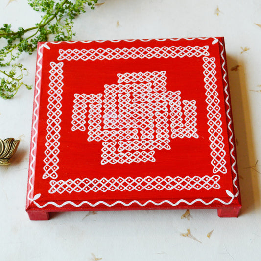 Aikiya Hand-Painted Kolam Manai – Classic Red Wooden Chowki With White Geometric Design