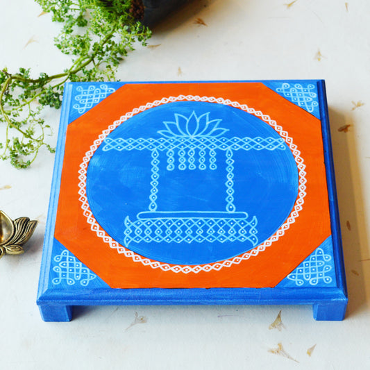 Hand-Painted Kolam Manai – Blue & Orange Swing Motif Wooden Chowki