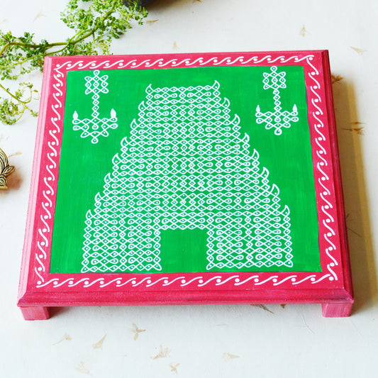 Aikiya Hand-Painted Kolam Manai – Pink & Green Temple Motif Chowki For Puja