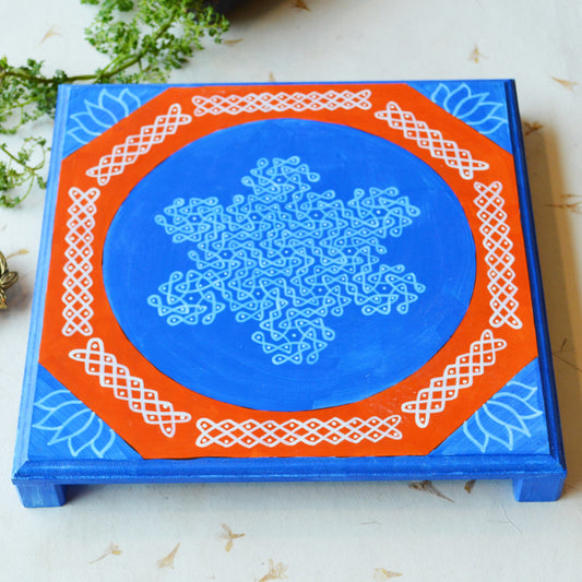 Hand-Painted Blue Kolam Manai – Traditional Wooden Chowki With Orange Border