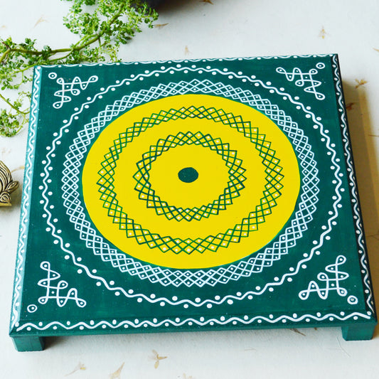 Hand-Painted Kolam Manai – Green & Yellow Wooden Chowki For Puja Decor