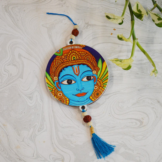 Aikiya Handcrafted Krishna Wall Hanging – Folk Art Style With Blue Tassel