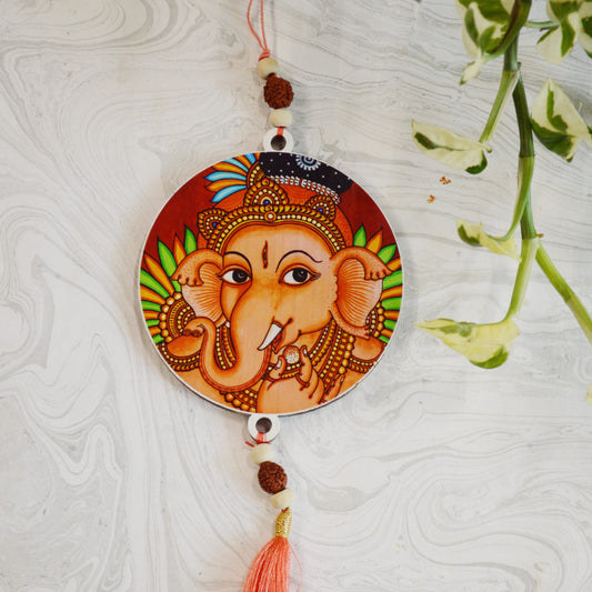 Aikiya Handcrafted Ganesh Red Wall Hanging – Folk Art Face With Peach Tassel