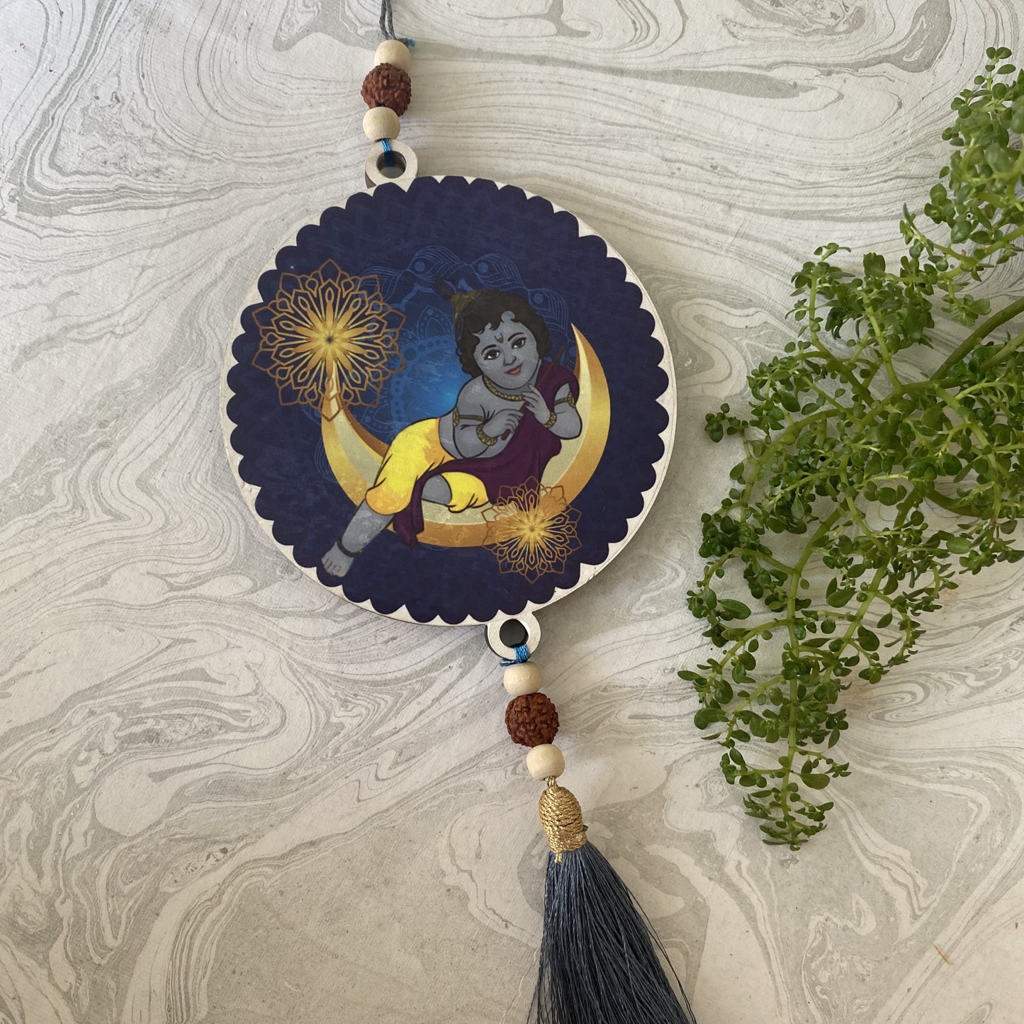 Aikiya Moon Krishna Wall Hanging – Midnight Blue With Tassel & Rudraksha