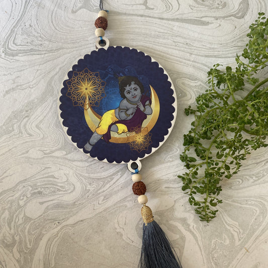 Aikiya Moon Krishna Wall Hanging – Midnight Blue With Tassel & Rudraksha