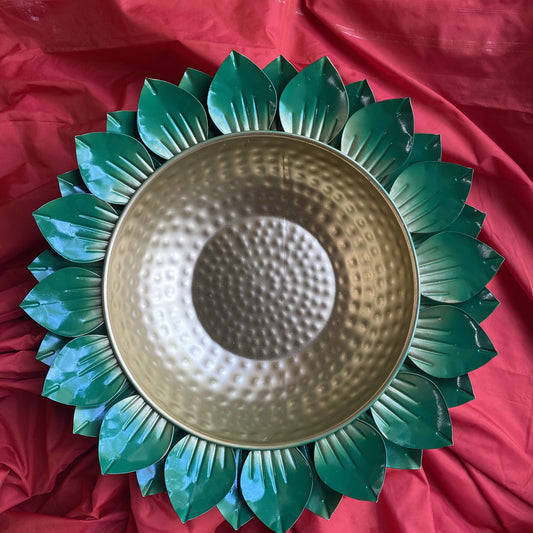 Lustre Lotus Urli Bowl – Hammered Gold Finish With Green Petals (Medium)