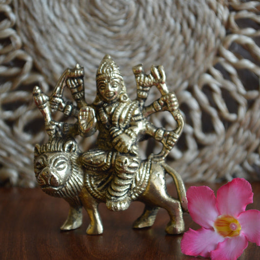 Brass Goddess Durga On Lion Idol