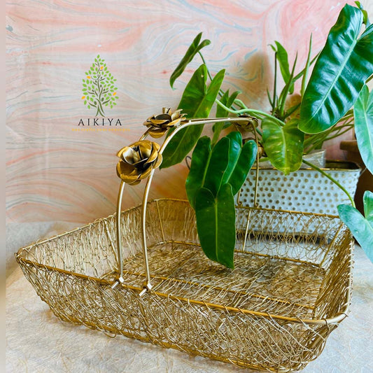 Lustre Golden Wire Square Basket With Floral Handle Accent