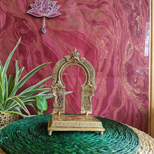 Eternal Antique-Finish Brass Prabhavali With Stand – Ornamental Arch For Deity Backdrop