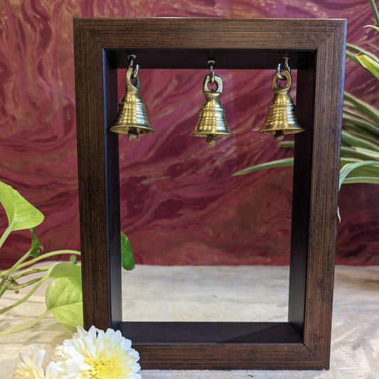 Wooden Frame With Hanging Brass Bells – Rustic Wall Or Table Decor