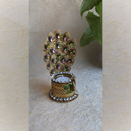 Peacock-Themed Decorative Tealight Holder With Stone Embellishments