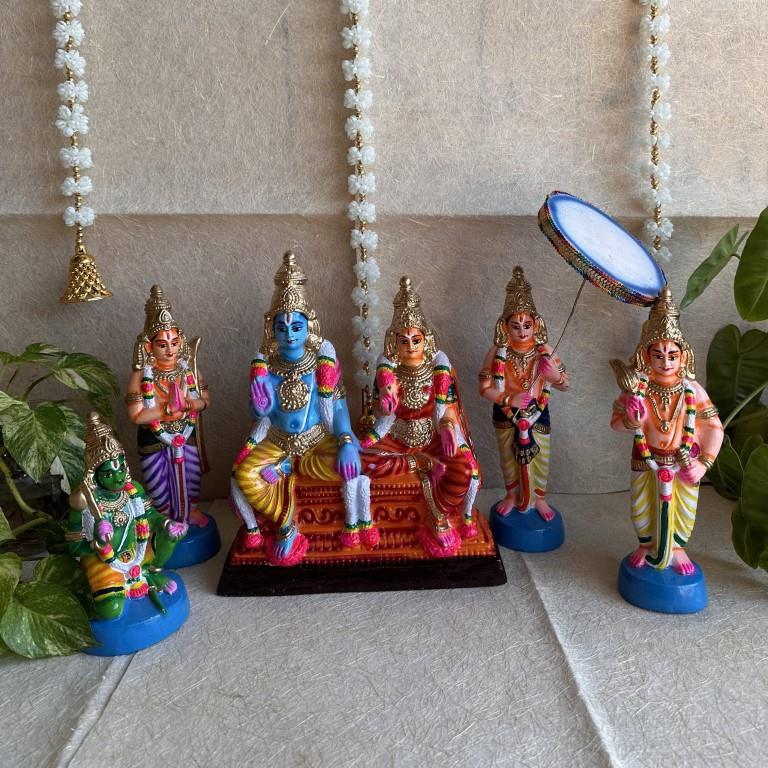 Ramayana Golu Dolls - Lord Rama with Sita, Lakshmana, Hanuman, and Bharata in vibrant hand-painted colors with an ornamental parasol.