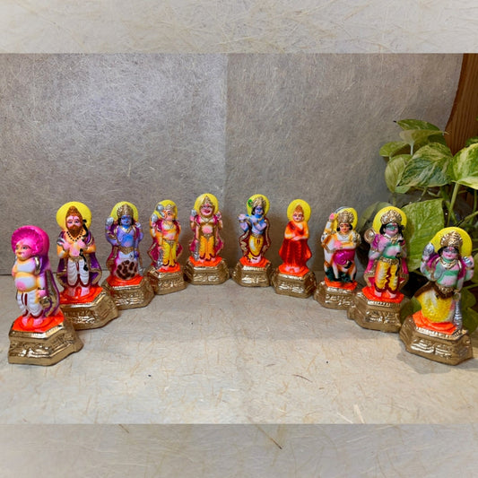 Handcrafted Navarathri Golu Dolls Dasavatharam Set featuring the ten avatars of Lord Vishnu with vibrant colors and intricate detailing.