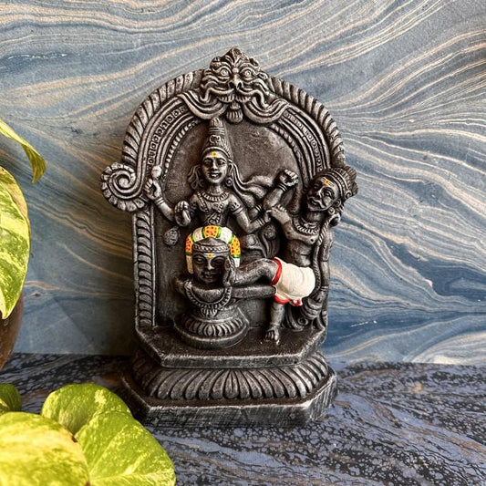 Handcrafted Markandeyar Navarathri Golu doll depicting Lord Shiva saving Sage Markandeya from Yama, set on a traditional backdrop.