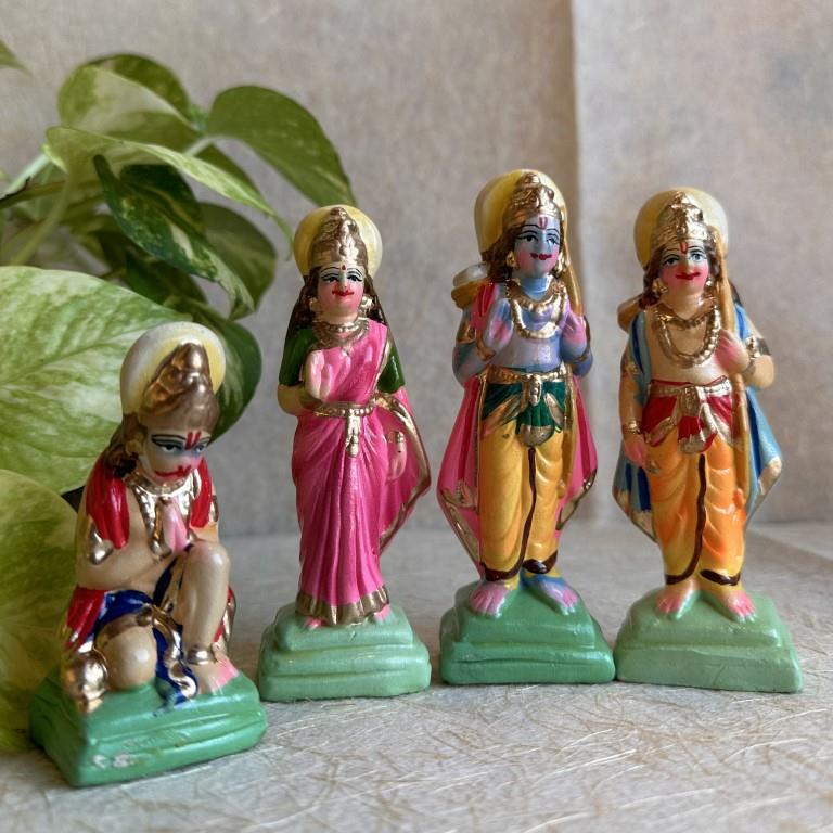 Handcrafted small Rama Durbar Golu dolls featuring Lord Rama, Sita, Lakshmana, and Hanuman in vibrant traditional attire.