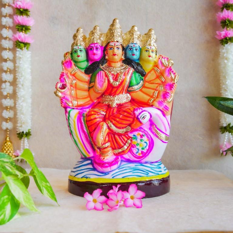 Handcrafted Navarathri Golu Doll of Gayathri Devi with five faces seated on a swan, detailed with vibrant colors.