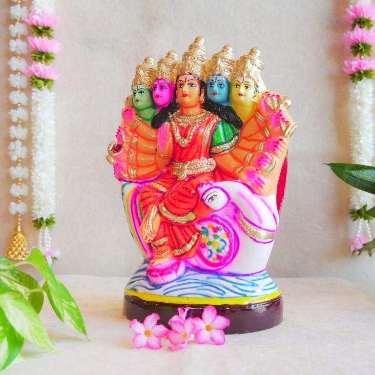 Handcrafted Navarathri Golu Doll of Gayathri Devi with five faces seated on a swan, detailed with vibrant colors.