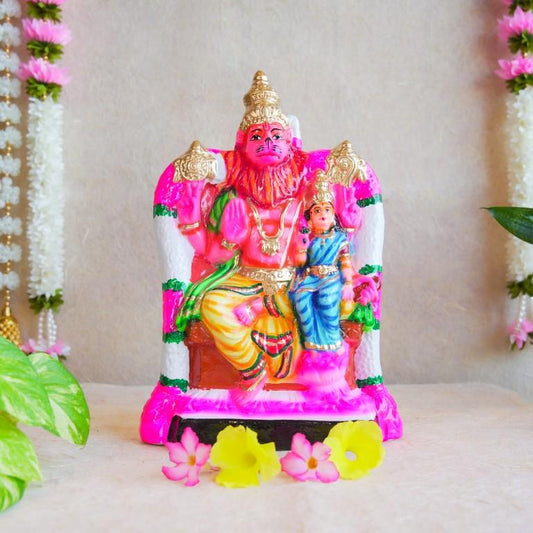 Handcrafted Navarathri Golu doll of Lakshmi Narasimha, featuring vibrant colors and intricate details, ideal for festive decoration.
