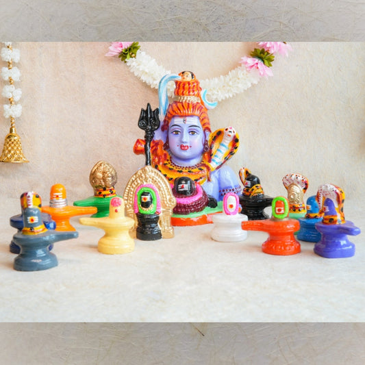 Navarathri Golu Dolls Jyothi Lingam Set with vibrant Shiva Lingams and a central Shiva idol, beautifully handcrafted and painted.