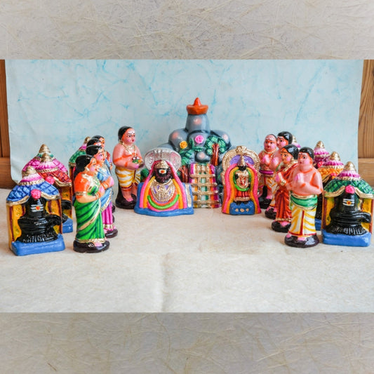 Navarathri Golu Dolls Girivalam Set featuring a central Shiva Lingam, colorful temples, and worshippers, handcrafted with vibrant detailing.