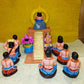 Handcrafted Ayyappan Poojai Navaratri Golu Doll Set with Lord Ayyappa seated on a pedestal and devotees performing rituals, vibrantly painted and intricately detailed.