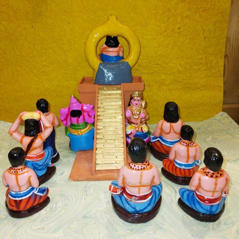 Handcrafted Ayyappan Poojai Navaratri Golu Doll Set with Lord Ayyappa seated on a pedestal and devotees performing rituals, vibrantly painted and intricately detailed.