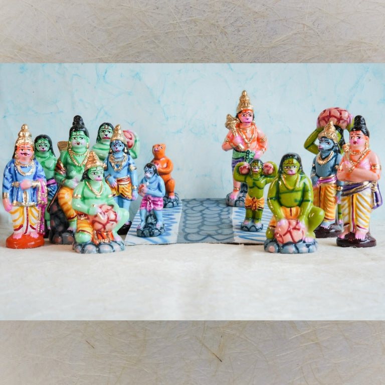 Handcrafted Ramayana Ramar Paalam Navaratri Golu Doll Set featuring Lord Rama and the vanara sena building the bridge to Lanka with vibrant colors and intricate detailing.