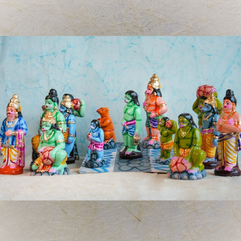 Handcrafted Ramayana Ramar Paalam Navaratri Golu Doll Set featuring Lord Rama and the vanara sena building the bridge to Lanka with vibrant colors and intricate detailing.