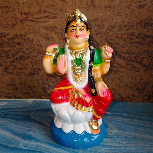 Handcrafted Bala Tripura Sundari (Balambigai) Navaratri Golu Doll with vibrant colors, seated on a lotus, symbolizing divine beauty and purity.