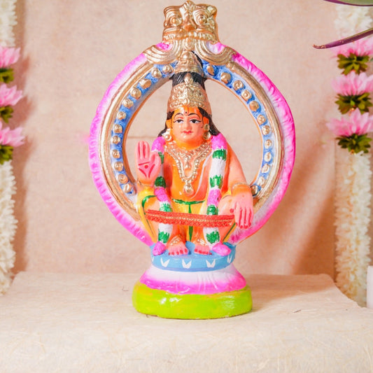 Handcrafted Navarathri Golu Dolls Ayyappan figurine featuring vibrant colors and intricate detailing, depicting Lord Ayyappa.