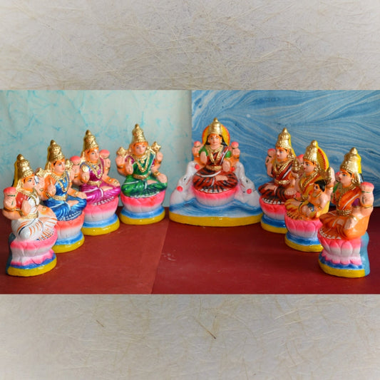 Handcrafted 10-inch AshtaLakshmi Navarathri Golu Dolls Set featuring vibrant colors and intricate details.