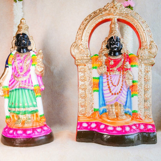 Handcrafted Navarathri Golu Dolls of Parthasarathy Perumal in standalone and Thiruvatchi forms, painted in vibrant colors.
