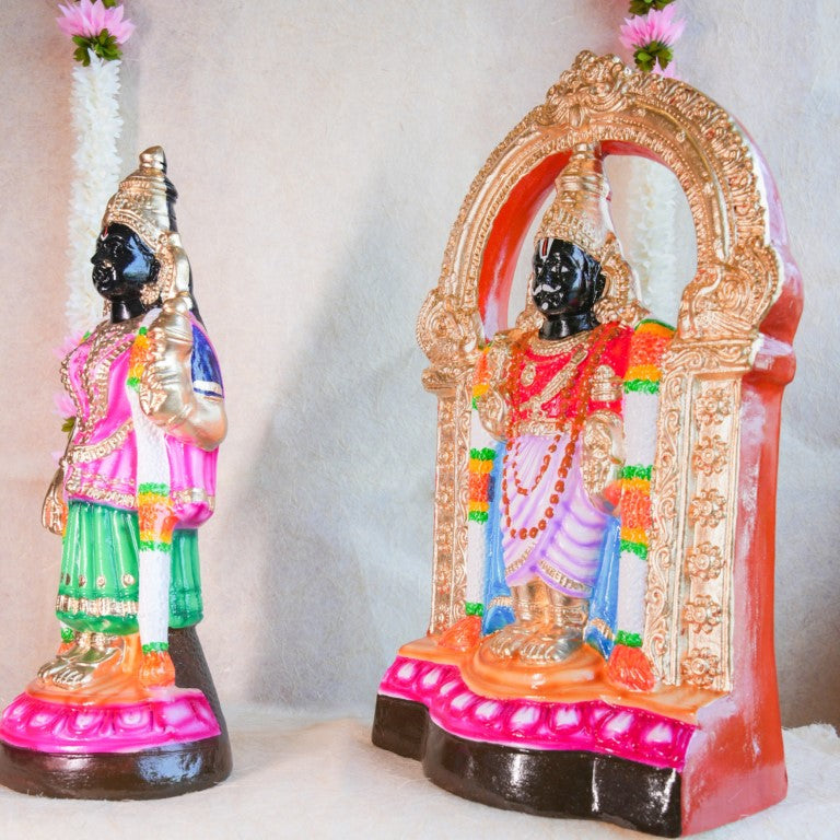 Handcrafted Navarathri Golu Dolls of Parthasarathy Perumal in standalone and Thiruvatchi forms, painted in vibrant colors.