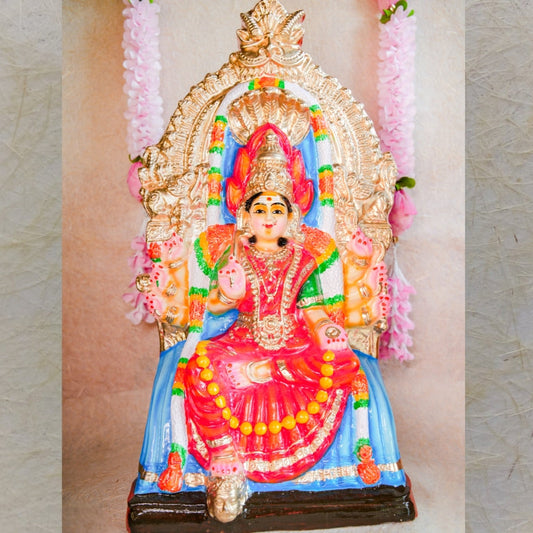 Handcrafted Navarathri Golu doll of Samayapuram Maariamman seated on a decorative throne with vibrant ornaments.