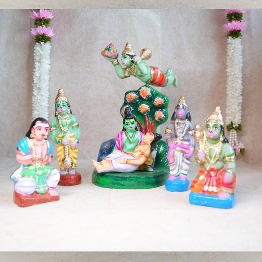 Handcrafted Ramayana Golu Dolls depicting Hanuman carrying the Sanjeevani hill, with Lord Rama, Lakshmana, and Vanara warriors.