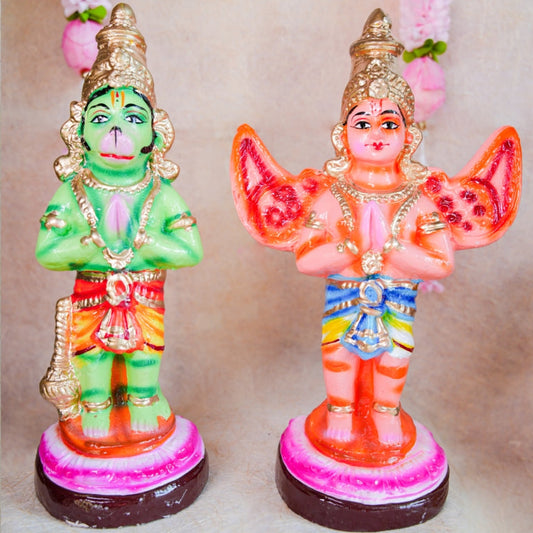 Navarathri Golu Dolls featuring Hanuman and Garuda, hand-painted with vibrant colors, representing devotion and strength.