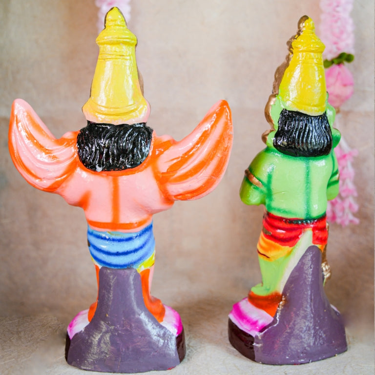 Navarathri Golu Dolls featuring Hanuman and Garuda, hand-painted with vibrant colors, representing devotion and strength.