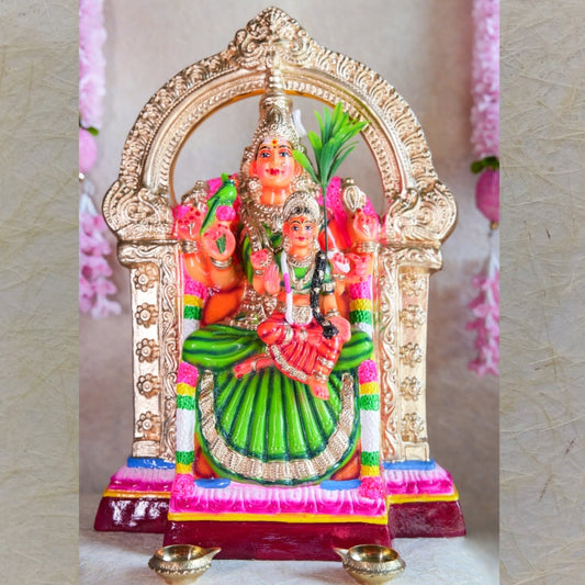 Navarathri Golu Dolls featuring Lalitha Devi holding Tripura Sundari seated within an ornate arch with intricate detailing.