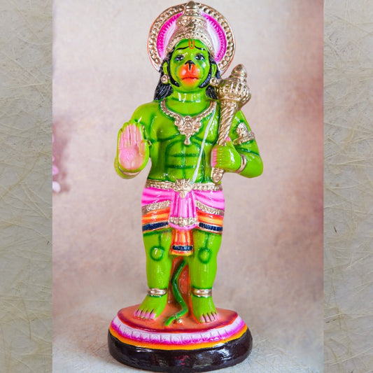 Hand-painted Navarathri Golu Doll of Lord Hanuman holding a Gada in vibrant green with detailed embellishments.